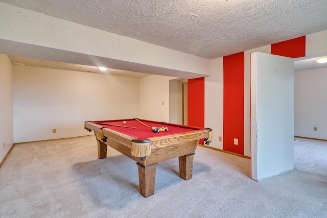 playroom with billiards, baseboards, carpet, and a textured ceiling