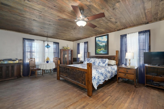 bedroom featuring wood ceiling, ceiling fan, and wood finished floors
