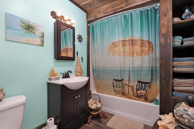 bathroom with wood finished floors, wooden ceiling, vanity, toilet, and shower / bath combo with shower curtain