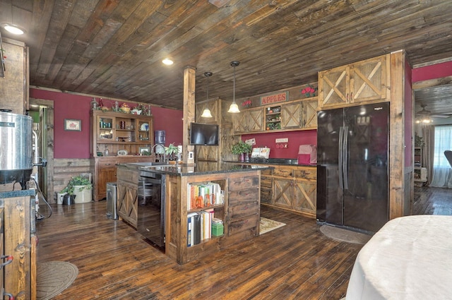 kitchen featuring open shelves, freestanding refrigerator, dark countertops, wood ceiling, and dark wood finished floors