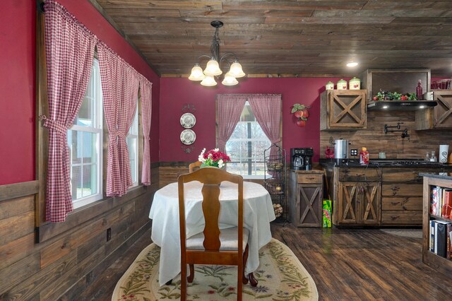 dining area featuring an inviting chandelier, wood ceiling, wainscoting, and dark wood finished floors