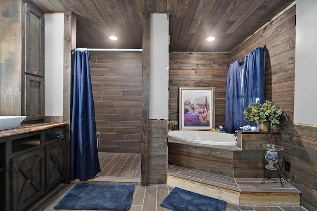 bathroom featuring wood ceiling, wood tiled floor, a shower stall, and a bath