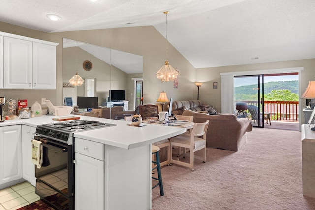 161 Avondale Dr Unit 11, Branson, MO 65616 - kitchen featuring a peninsula, lofted ceiling, range with electric cooktop, and open floor plan