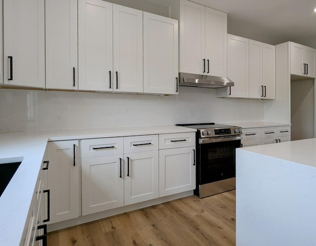 3875 E Dehaven Ln, Fair Grove, MO 65648 - kitchen with electric stove, under cabinet range hood, light wood-style flooring, and white cabinetry