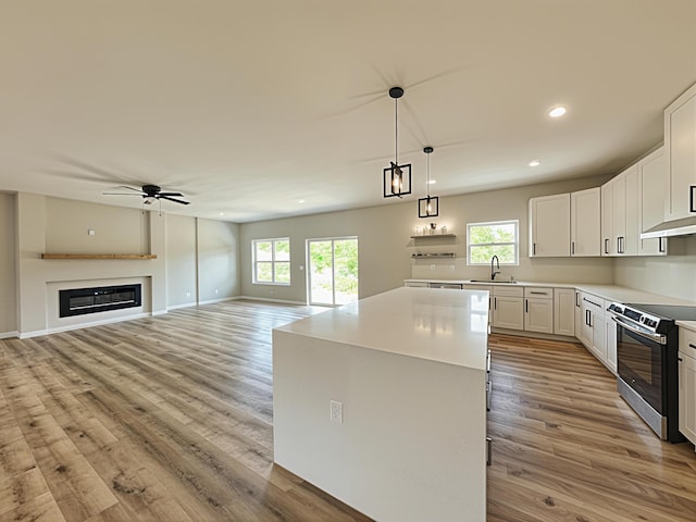 3875 E Dehaven Ln, Fair Grove, MO 65648 - kitchen with stainless steel electric range, a center island, a ceiling fan, recessed lighting, and light wood-type flooring