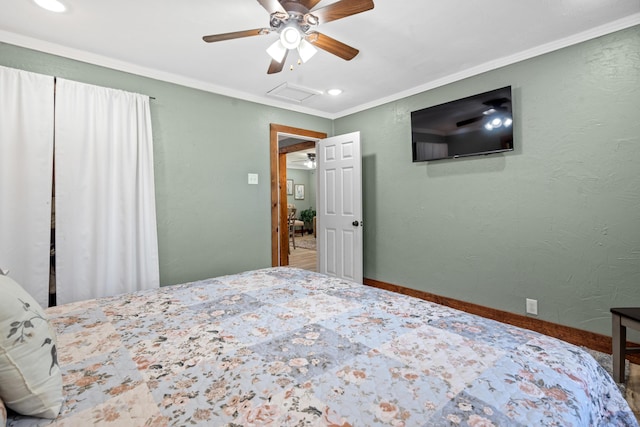 bedroom featuring crown molding, baseboards, attic access, recessed lighting, and a ceiling fan