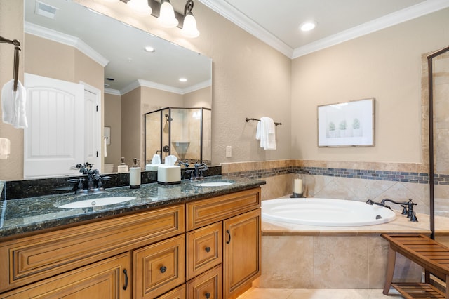 full bath featuring a sink, tile patterned floors, visible vents, a bath, and a stall shower