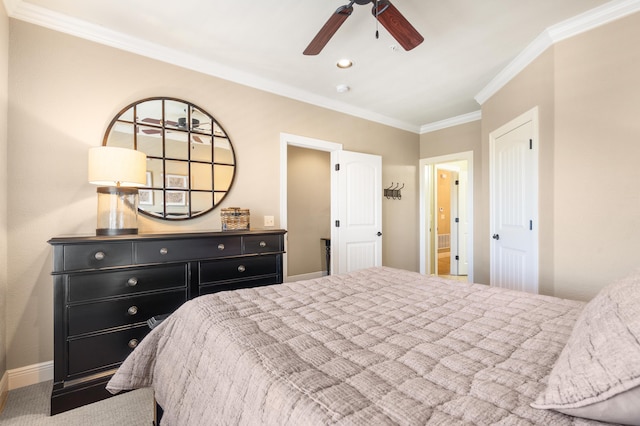 bedroom featuring crown molding, recessed lighting, baseboards, and ceiling fan
