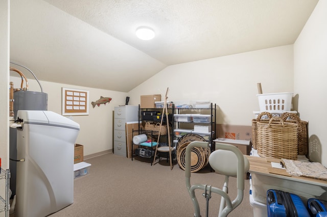 office area featuring carpet floors and lofted ceiling