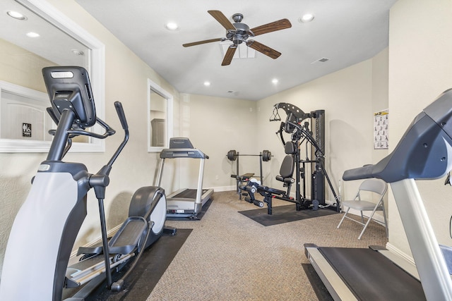 workout area featuring recessed lighting, carpet flooring, baseboards, and ceiling fan