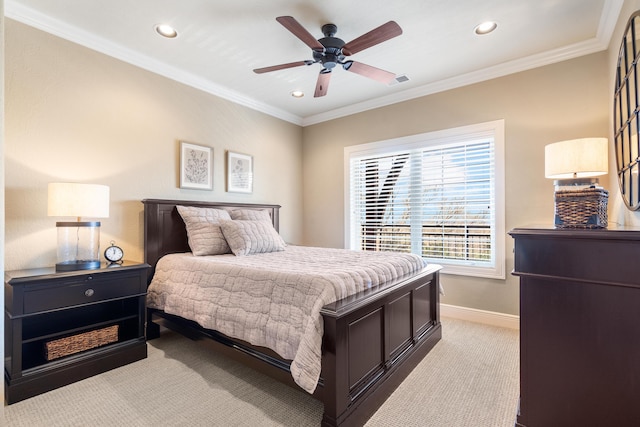 bedroom with recessed lighting, baseboards, and light carpet