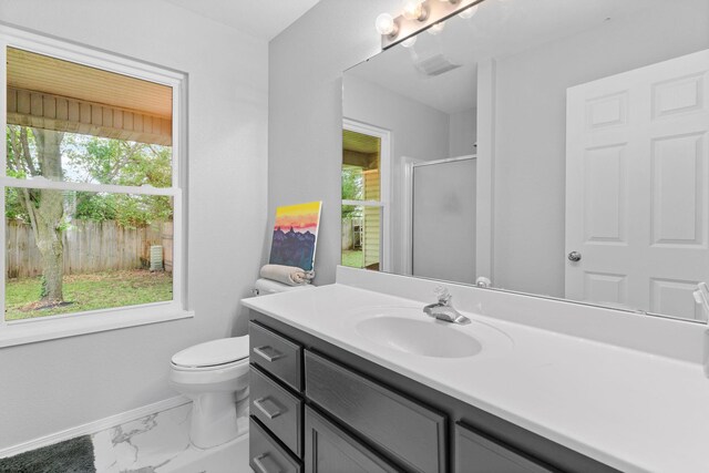 bathroom featuring visible vents, a stall shower, vanity, toilet, and marble finish floor