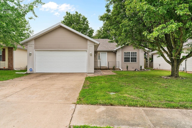 single story home with a garage, a front lawn, a shingled roof, and concrete driveway