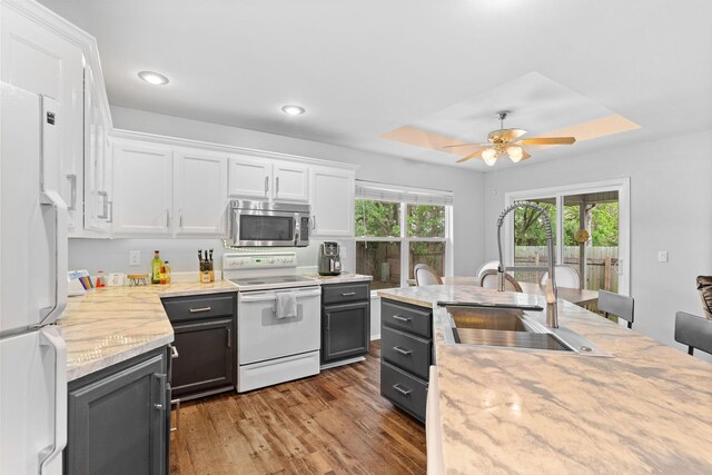 kitchen featuring white cabinets, a sink, white appliances, wood finished floors, and a tray ceiling