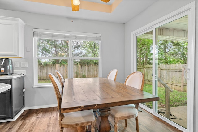 dining room featuring baseboards, ceiling fan, and wood finished floors
