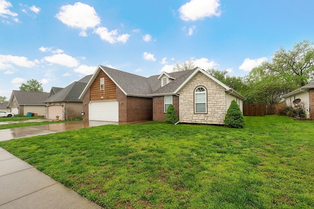 ranch-style house with a front lawn, fence, brick siding, concrete driveway, and an attached garage