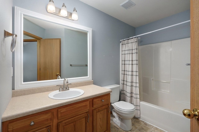 full bathroom featuring shower / bath combination with curtain, visible vents, vanity, tile patterned floors, and toilet