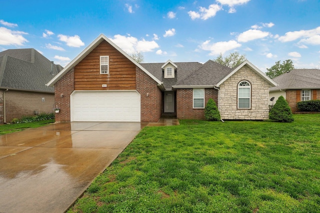 traditional-style home with a front yard, a garage, brick siding, concrete driveway, and a shingled roof