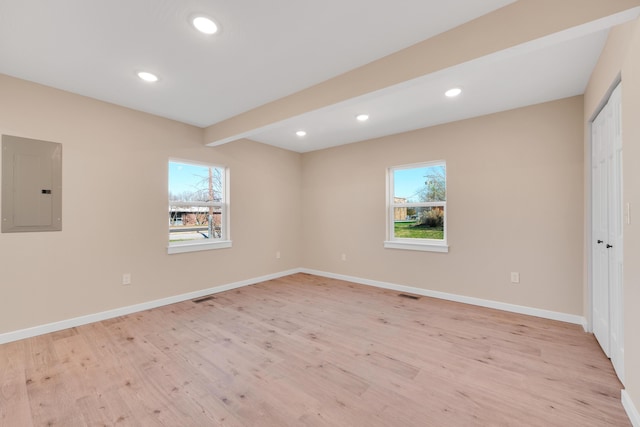 empty room featuring light wood-style floors, electric panel, and a wealth of natural light