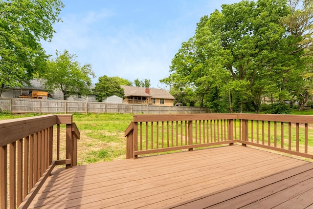 deck with a lawn and a fenced backyard
