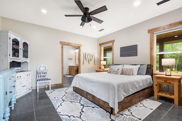 bedroom with recessed lighting, visible vents, and multiple windows
