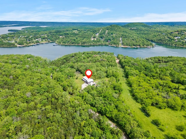 drone / aerial view featuring a water view and a view of trees