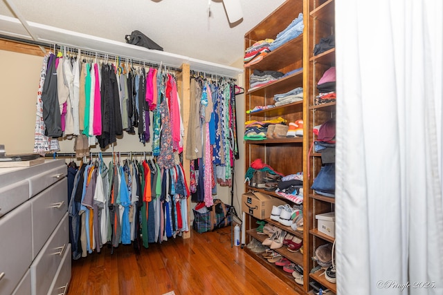 spacious closet with a ceiling fan and wood finished floors