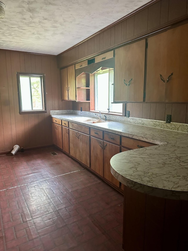 kitchen featuring wood walls, brown cabinets, a sink, light countertops, and brick patterned floor