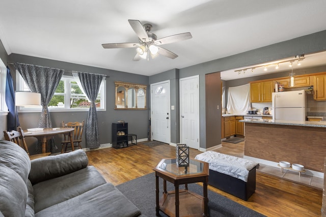 living area with baseboards, ceiling fan, a wood stove, and light wood-style floors