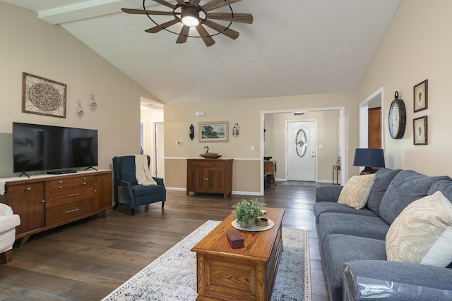 1730 N Pine St, Marshfield, MO 65706 - living area featuring baseboards, ceiling fan, dark wood-style floors, and vaulted ceiling with beams