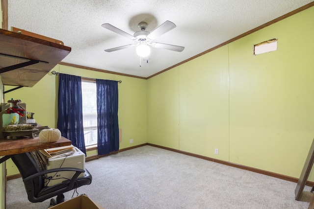 living area with crown molding, carpet flooring, a textured ceiling, and a ceiling fan