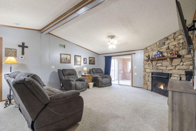 living area with carpet floors, ornamental molding, a fireplace, a textured ceiling, and lofted ceiling with beams