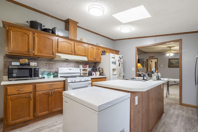 kitchen with ornamental molding, light wood finished floors, under cabinet range hood, and white appliances