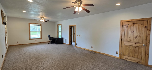 interior space featuring recessed lighting, baseboards, and ceiling fan