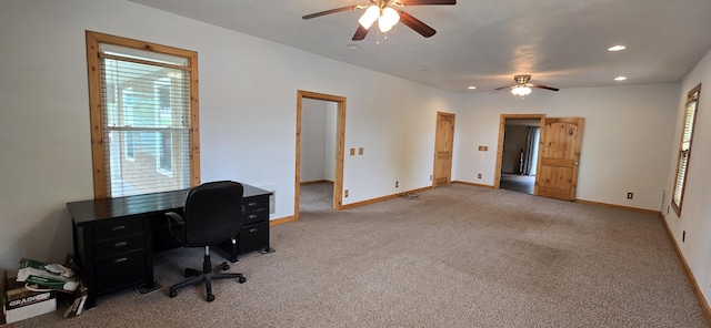 office area with baseboards, ceiling fan, recessed lighting, and light colored carpet