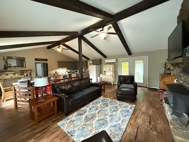 living room featuring ceiling fan, lofted ceiling with beams, a wall mounted air conditioner, french doors, and wood finished floors