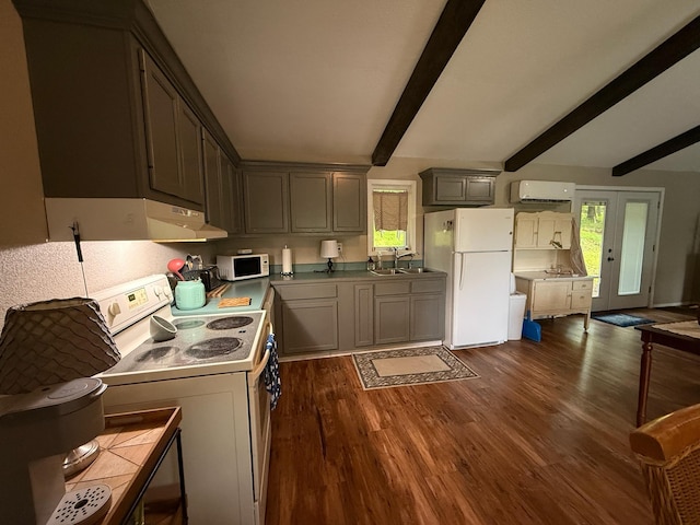 kitchen featuring dark wood-style flooring, beam ceiling, a wall mounted air conditioner, ventilation hood, and white appliances