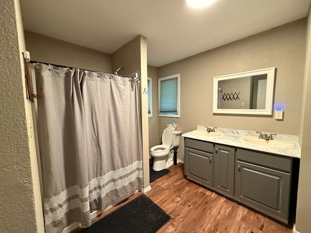 bathroom with a sink, double vanity, toilet, and wood finished floors