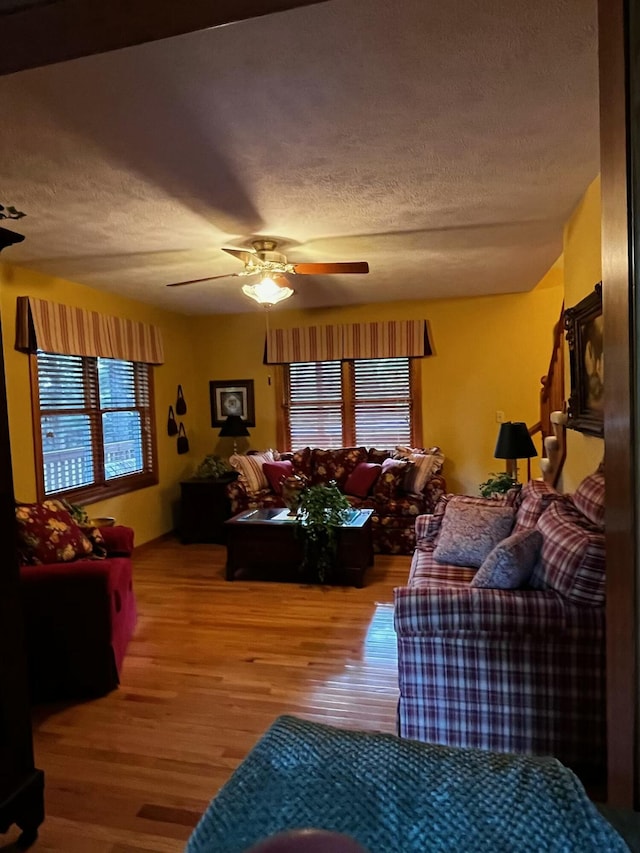 249 Mount Vernon Rd, Forsyth, MO 65653 - living room featuring a textured ceiling, ceiling fan, and wood finished floors