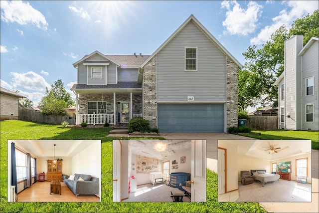 back of property with fence, an attached garage, brick siding, covered porch, and a yard