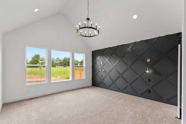 1822 E Cobblestone Dr, Ozark, MO 65721 - empty room featuring high vaulted ceiling, a chandelier, carpet floors, baseboards, and recessed lighting