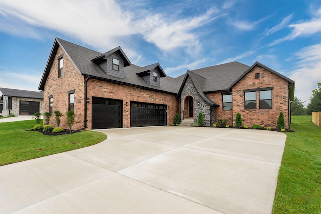 1822 E Cobblestone Dr, Ozark, MO 65721 - view of front of house featuring brick siding, concrete driveway, a front yard, an attached garage, and roof with shingles