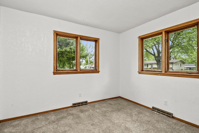 unfurnished room featuring a healthy amount of sunlight, carpet flooring, and visible vents