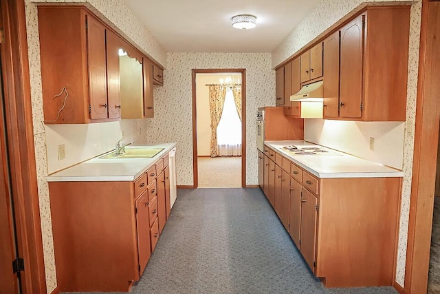 706 W Katella Ct, Springfield, MO 65807 - kitchen with white electric stovetop, wallpapered walls, light countertops, under cabinet range hood, and a sink
