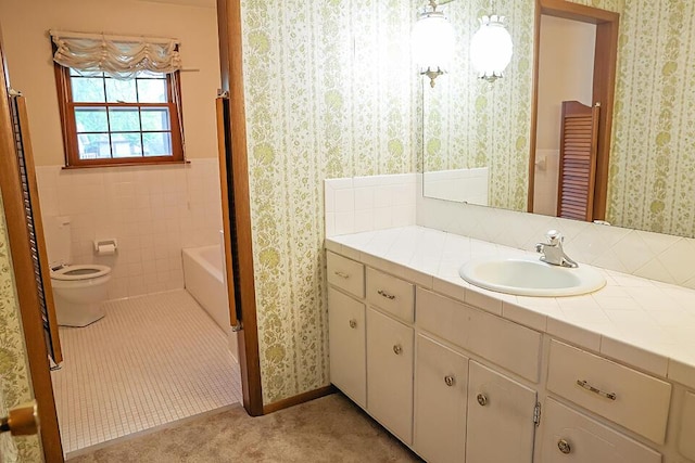 706 W Katella Ct, Springfield, MO 65807 - bathroom with walk in shower, vanity, a wainscoted wall, toilet, and wallpapered walls