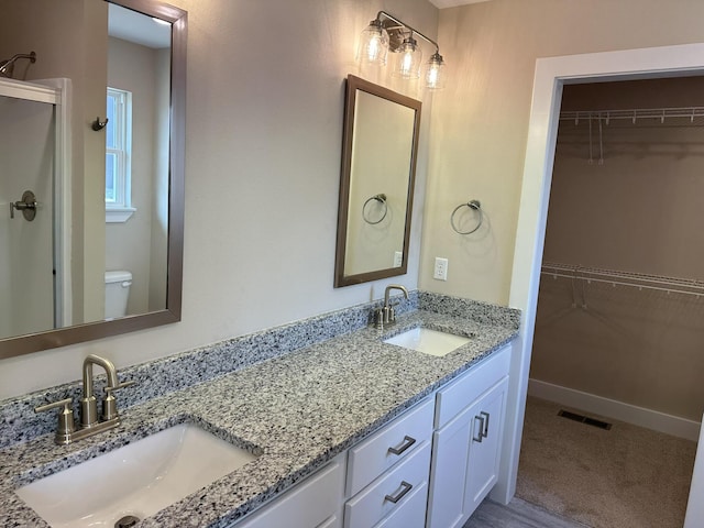 bathroom with a sink, a walk in closet, and visible vents