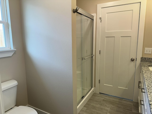 full bath featuring vanity, toilet, and a shower stall