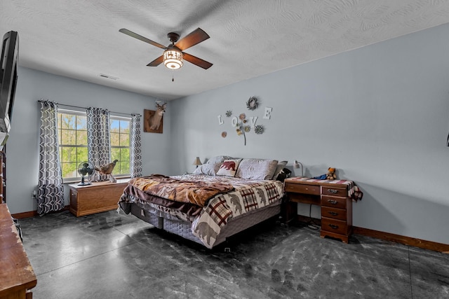bedroom with baseboards, a ceiling fan, finished concrete floors, and visible vents