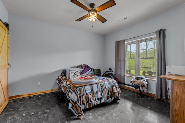 bedroom with baseboards, a ceiling fan, concrete flooring, and visible vents