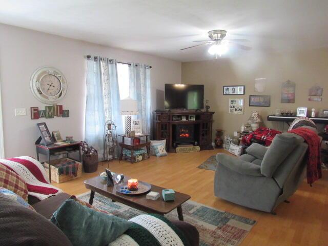 7210 Newkirk Rd, Mountain Grove, MO 65711 - living room with a lit fireplace, wood finished floors, and ceiling fan